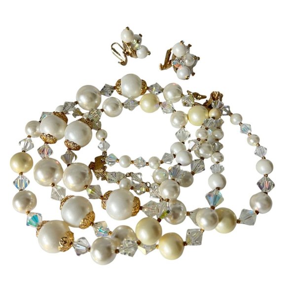 Vintage Vendome 3 Strand Faux Pearl AB Crystal Gold Filigree Necklace Earrings - Picture 5 of 15